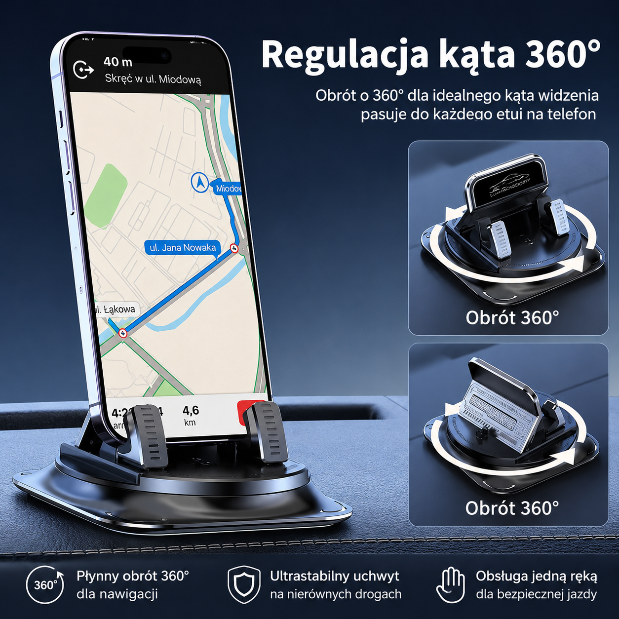 PewnyUchwyt™ – Obrotowy uchwyt na telefon 360° do deski rozdzielczej