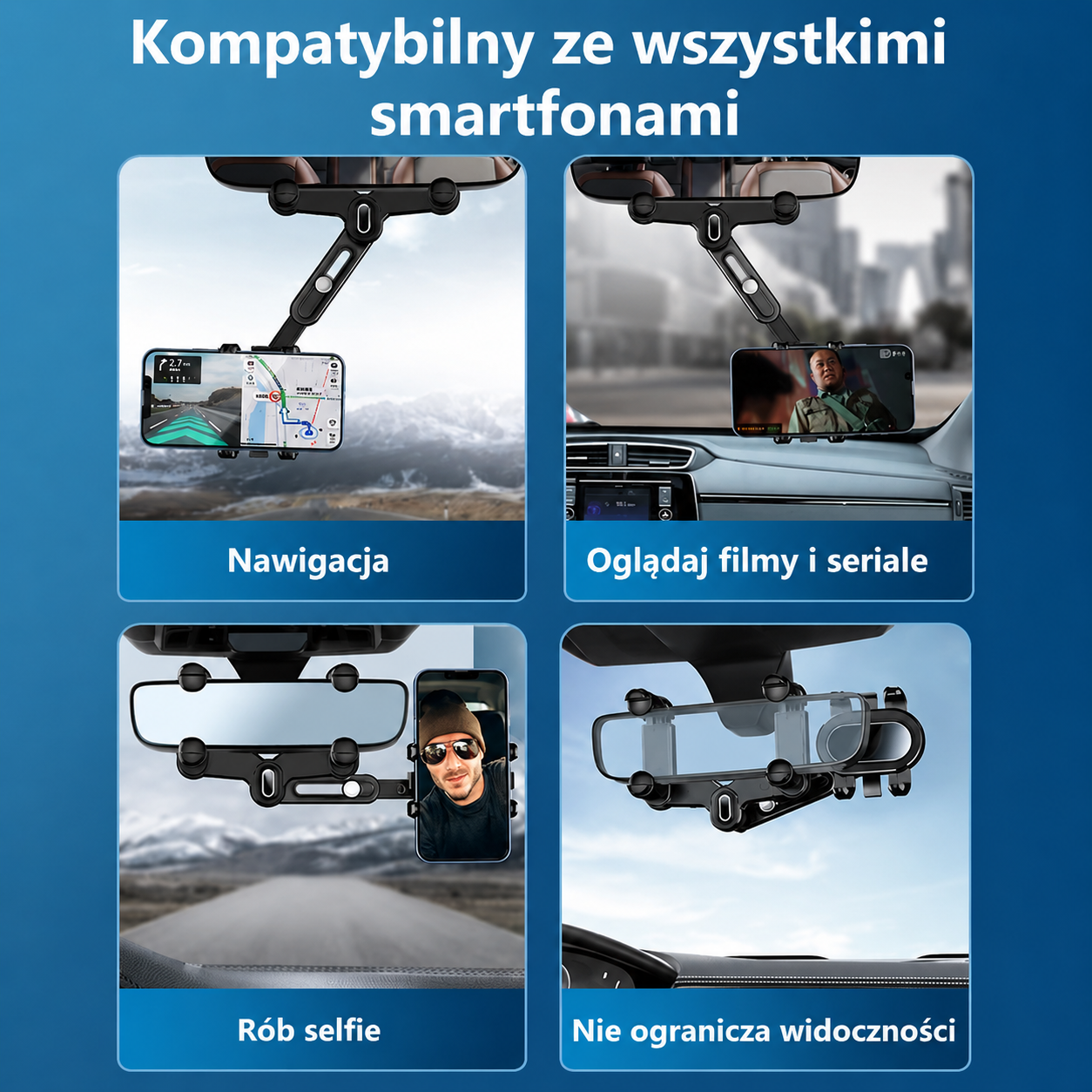 LusterGrip™ – Obrotowy i wysuwany uchwyt na telefon do lusterka samochodowego 360°